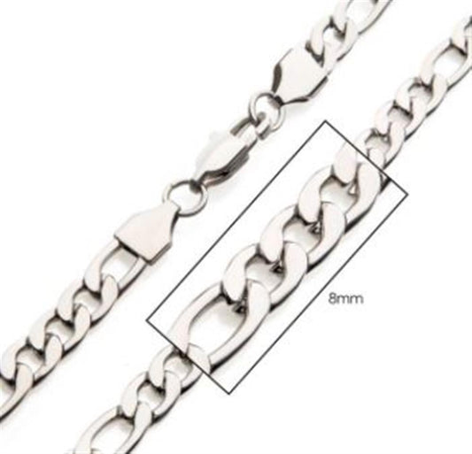 A close-up image of the INOX 8mm Steel Figaro Chain with medium-sized, interlocking links. The focal point is on a section of the chain which is highlighted to show the link size as 8mm. The clasp of the 24-inch chain is also visible.