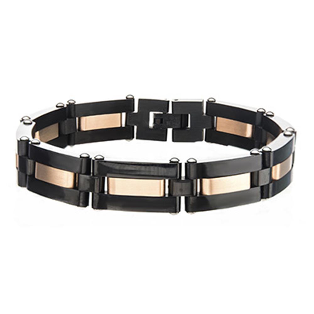 Introducing the INOX Men's Alternating Black Plated & Rose Gold Plated Link Bracelet, a sleek accessory featuring alternating black-plated and rose-gold-plated rectangular links. The geometric design is accentuated with small, round rivets at each intersection and secured with a reliable clasp closure.