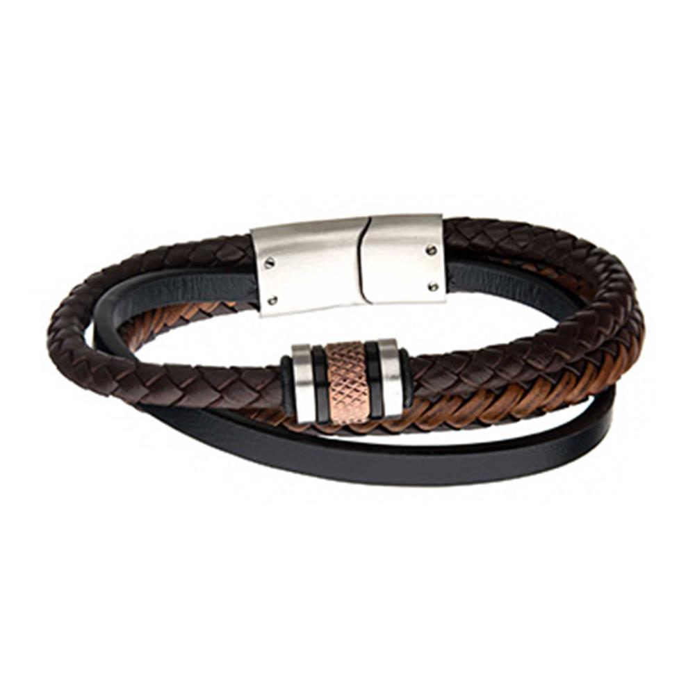 Introducing the Men's Stainless Steel Black Plated and Rose Gold Beads with Brown Leather Bracelet by INOX: a stylish accessory featuring a brown leather layered band intertwined with a black leather strap. This bracelet includes a silver magnetic clasp and boasts decorative silver and black accents with a striking rose gold center, making it perfect for the modern man.