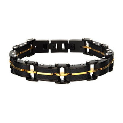 Introducing the Men's Black Carbon Fiber and Gold-Plated ID Link Bracelet by INOX, a stylish accessory featuring a series of interlocking rectangular links with gold-plated accents running through the center. This bracelet boasts a sturdy, industrial design enhanced by small silver studs placed at regular intervals.