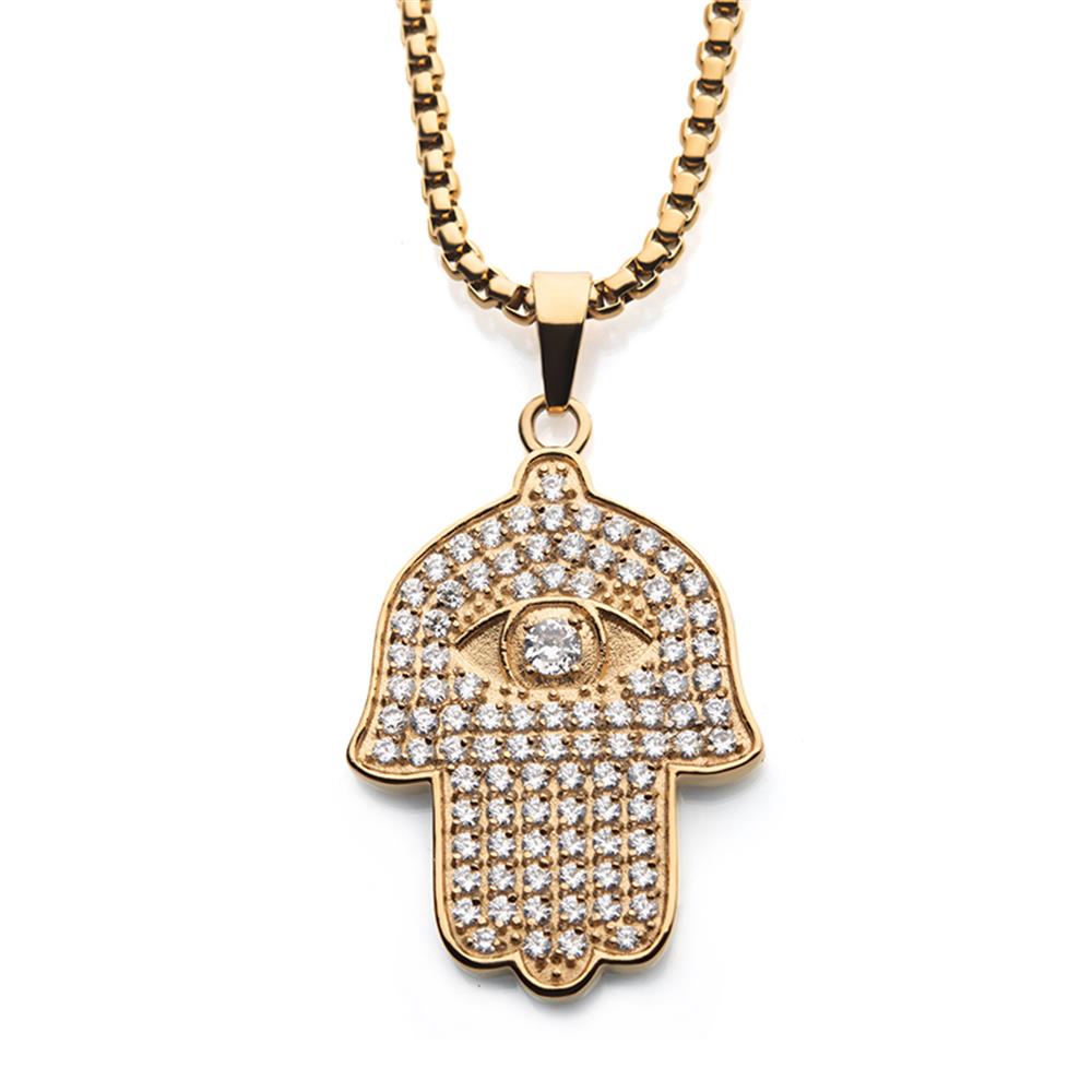 The INOX 18K Gold Plated CZ Hamsa Pendant showcases a hand-shaped design adorned with numerous small, sparkling diamonds and AAA CZ stones. At the center of the 18K gold-plated pendant is an eye symbol featuring a larger diamond. The pendant comes with a classic 22" gold plated box chain.