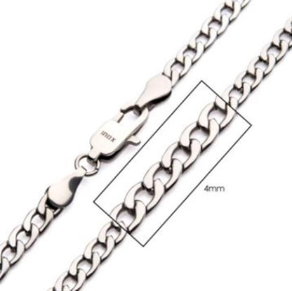 Image of the 4mm Steel Classic Curb Chain by INOX, showcasing close-up details of the sleek and shiny interlocking flat oval links. A labeled measurement indicates the Men's Stainless Steel chain's width as 4mm. The necklace features a lobster clasp and is perfect for any occasion.