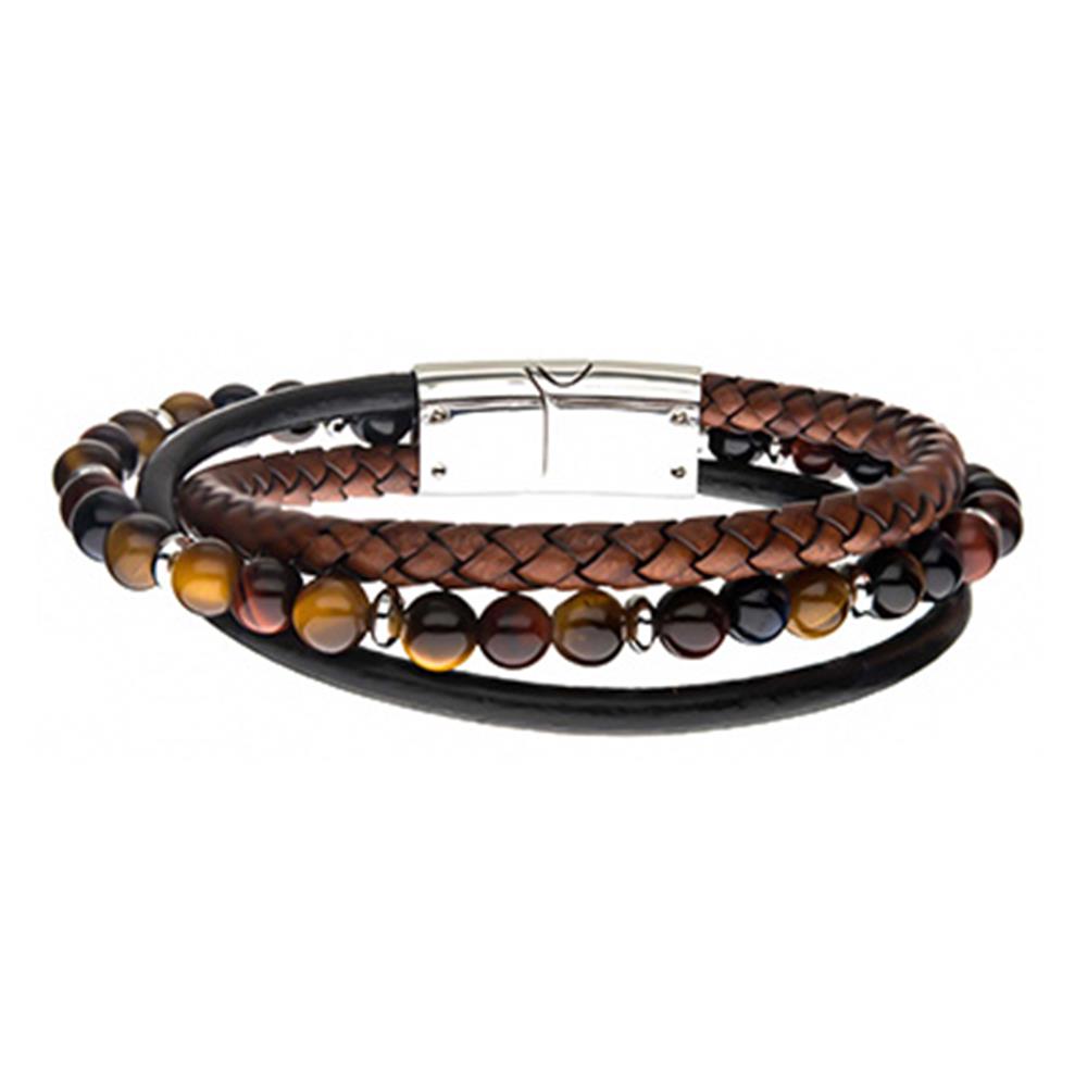 A stylish INOX Men's Stainless Steel Tiger Eye Beads with Brown Braided and Black Leather bracelet featuring braided brown leather, black leather, and a string of tiger eye beads. The bracelet has a sleek, stainless steel clasp that adds a touch of elegance.