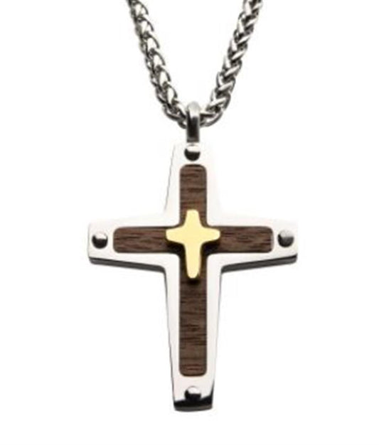 An INOX 18K gold plated cross overlapped on a steel pendant with walnut wood, suspended from a robust 24" silver chain.