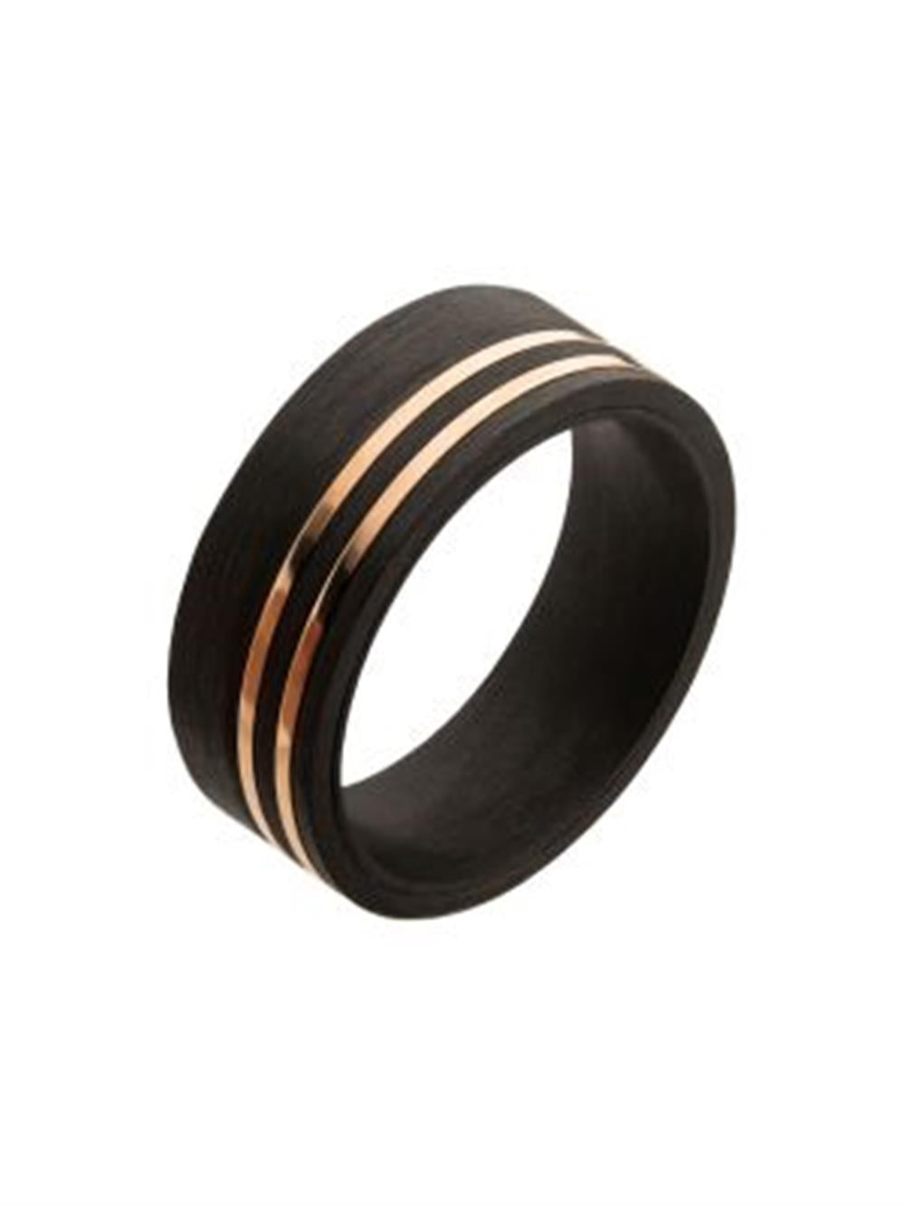 The INOX Men's Stainless Steel Solid Carbon ring features two parallel, rose gold thin lines inlayed around its circumference. With a smooth, polished finish and modern design, this comfort fit ring is ideal for men.