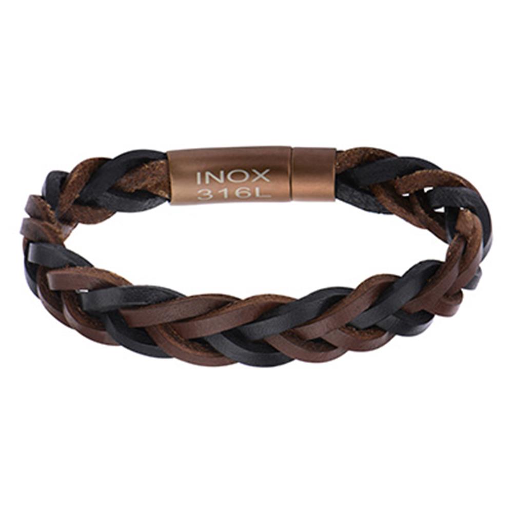 The Men's Black and Brown Leather Bracelet by INOX features interwoven strands of black and brown leather, making it a versatile and stylish accessory at 8 1/4 inches in length. With a cylindrical metallic clasp engraved with "INOX 316L," this bracelet boasts a simple yet masculine design that is perfect for both casual and formal wear.