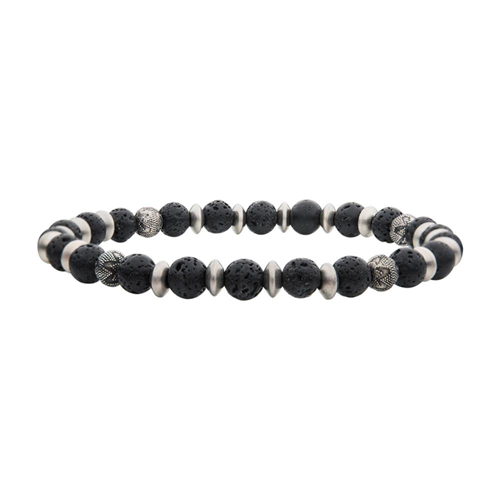 A stylish Men's 6.5mm Lava Stones with Black Oxidized Beads Bracelet by INOX, featuring alternating black lava stones and textured silver beads, arranged in a 7 1/2 inch stretchable band design for easy wear.