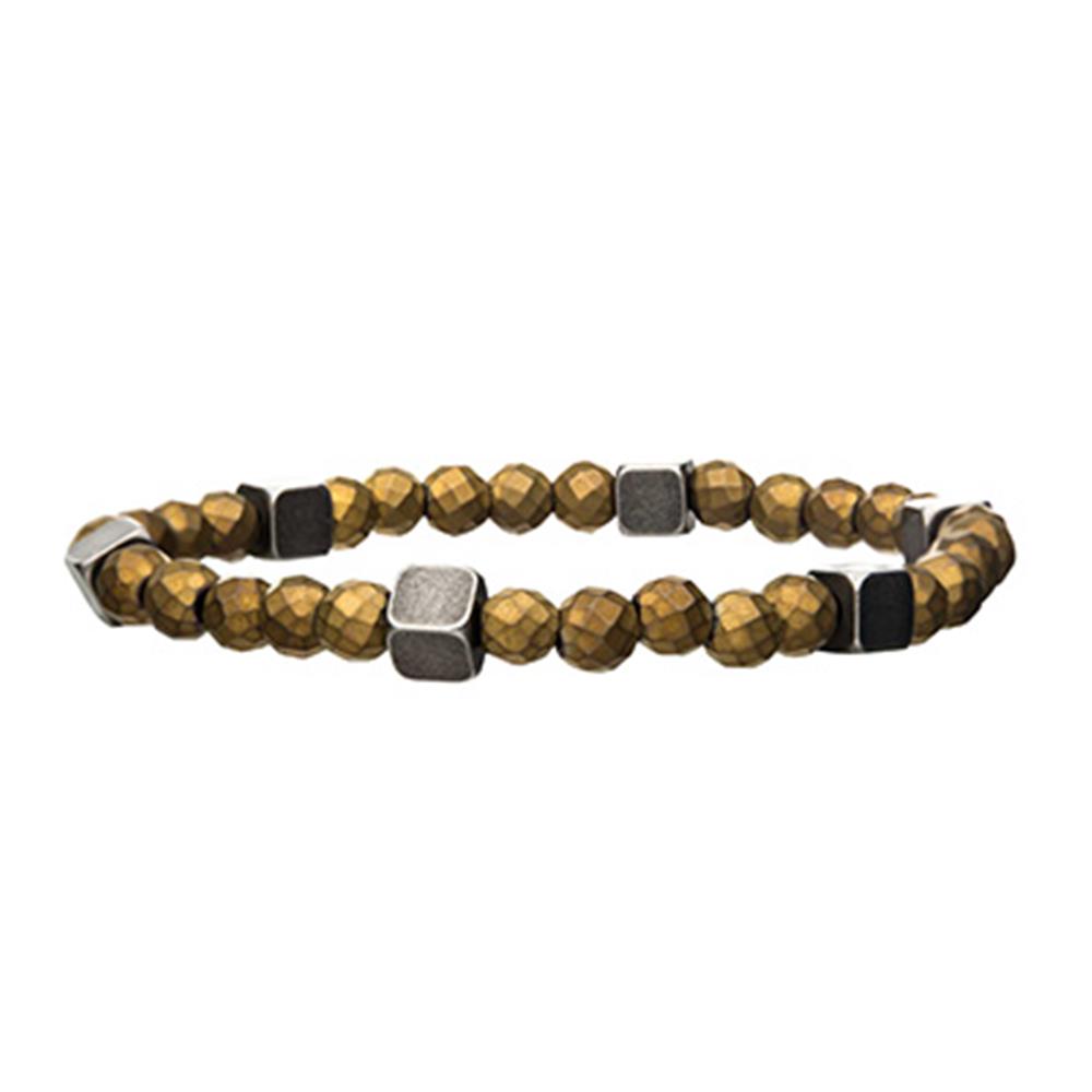 The Men's Gold Hematite with Antique Silver Brass Block Bracelet by INOX features small, faceted metallic gold hematite beads interspersed with square antique silver brass and black beads, all strung on an elastic cord for easy wear.