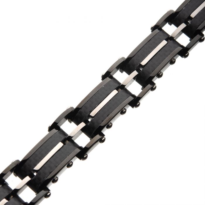 A close-up image of the Men's Black Carbon Fiber and Matte Finish ID Link Bracelet by INOX, showcasing its sleek, rectangular links connected by smaller cylindrical bars. This creates a mechanical and modern design enhanced by a shiny finish that reflects light and highlights its intricate construction.