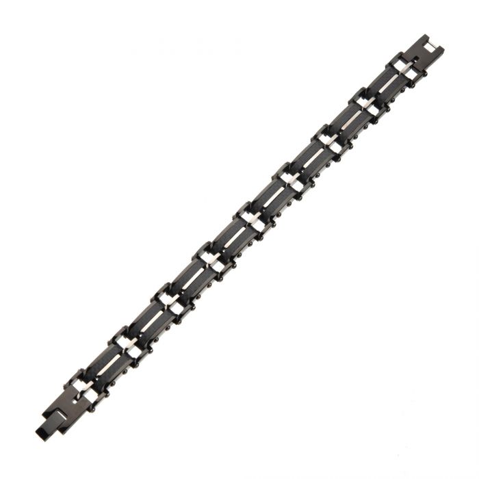 The INOX Men's Black Carbon Fiber and Gold-Plated ID Link Bracelet is elegantly laid out flat against a white background. This bracelet showcases a sophisticated linked chain design with interlocking rectangular and squared segments, combining sleek black carbon fiber accents with touches of gold plating.