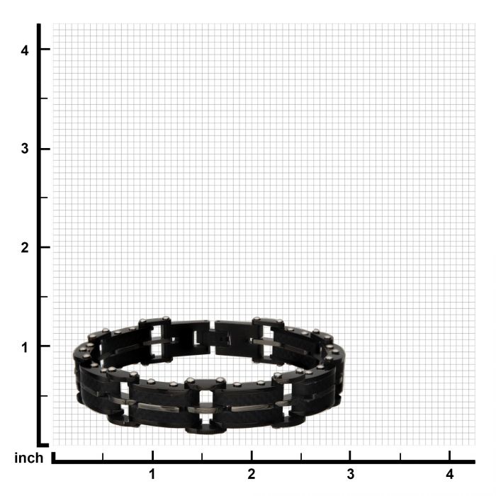 The Men's Black Carbon Fiber and Matte Finish ID Link Bracelet by INOX is displayed on a white grid background. The grid features inch measurements along both the X and Y axes, indicating that the bracelet is approximately 1.5 inches in diameter.