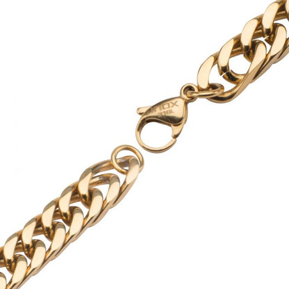 A close-up image of the Gold Plated Fancy Curb Chain Bracelet by INOX, featuring a lobster claw clasp. The partially open clasp reveals intricate details of the polished and interlocking chain links, inscribed with "inox 316L.