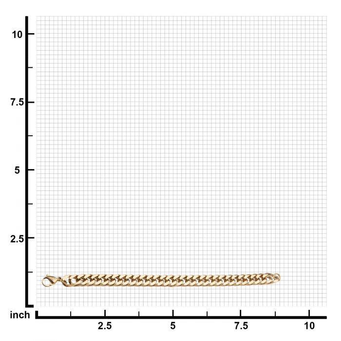 The Gold Plated Fancy Curb Chain Bracelet by INOX is laid on grid paper with inch measurements on both axes. The bracelet appears to be approximately 7.5 inches long. The grid provides a clear background, highlighting the bracelet's length and intricate design.