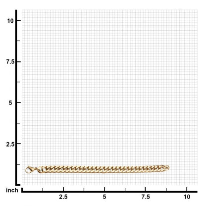 The Gold Plated Fancy Curb Chain Bracelet by INOX is laid on grid paper with inch measurements on both axes. The bracelet appears to be approximately 7.5 inches long. The grid provides a clear background, highlighting the bracelet's length and intricate design.