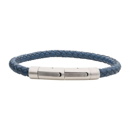 This image showcases the 6mm Blue Genuine Leather Bracelet by INOX, a stylish accessory crafted from blue braided genuine leather and featuring a sleek, tubular press clasp. The smooth, silver-colored clasp perfectly complements the intricate weave of the leather, resulting in an elegant and modern design.