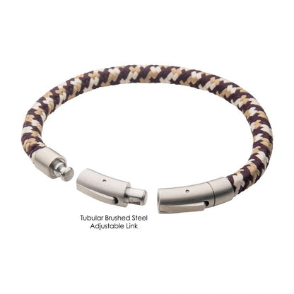 The INOX 6mm Brown, Beige, and Dark Brown Nylon Cord Bracelet features a combination of earthy tones with a distinctive braided design. Its brushed tubular clasp, once opened, reveals the bracelet's secure connecting mechanism. Styled for men in stainless steel and displayed against a plain white background, it measures between 8 to 8.5 inches in length.