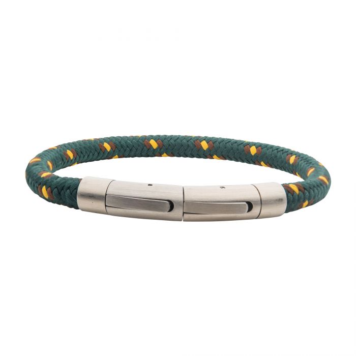 A rugged, sporty design defines the INOX 6mm Green, Brown and Yellow Nylon Cord Bracelet, featuring a silver magnetic clasp. Crafted as an adjustable bracelet with lengths ranging from 8 to 8.5 inches, it lies flat on a white background.