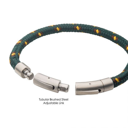 The 6mm Green, Brown, and Yellow Nylon Cord Bracelet from INOX features tubular brushed steel adjustable link clasps at both ends. The bracelet's clasp is shown in an open position, highlighting the connection mechanism. The text reads "Men's Stainless Steel Adjustable Link." This bracelet measures 8.5-8 inches in length.
