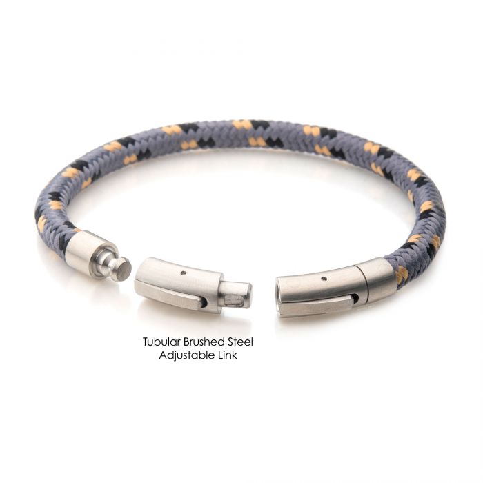 Introducing the INOX 6mm Grey, Black, and Beige Nylon Cord Bracelet, spanning a length of 8-8.5 inches. This stylish men's bracelet features a self-adjustable clasp mechanism and showcases a sophisticated multi-colored design with braided cord detailing in shades of grey, black, and beige.