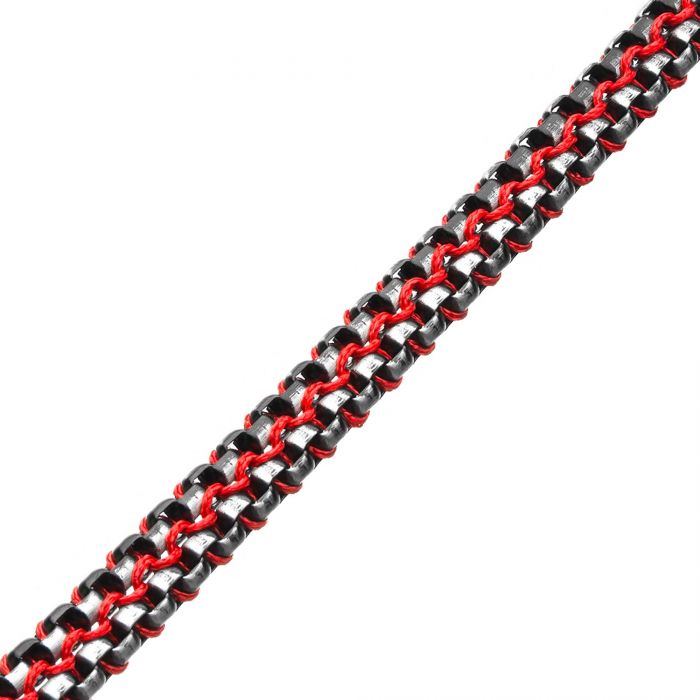 Close-up of the Allegiance Red Stainless Steel Bracelet by INOX, featuring Antique Brushed Box Links with a repeating pattern made of interwoven links. The bracelet showcases a combination of black, silver, and red colors, creating a striking contrast.