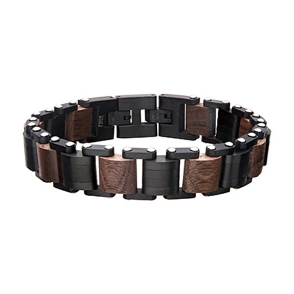 The Men's Stainless Steel Black Plated with Walnut Wood Link Bracelet by INOX features a stylish combination of black and brown rectangular links. The alternating pattern of polished brown walnut wood and matte black stainless steel pieces, complemented by small silver accents, results in a modern and masculine design.