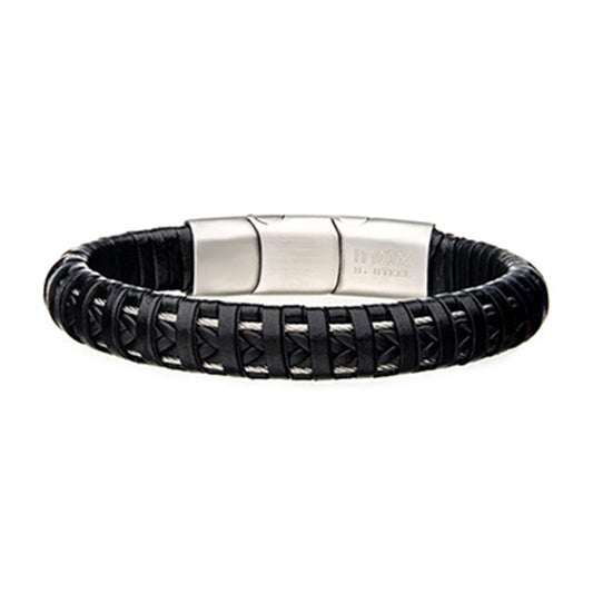 Introducing the Men's Stainless Steel Clasp with Black Leather Bracelet by INOX. This stylish 8 1/2 inch men's bracelet is crafted from black leather with an intricate woven design, featuring a sleek stainless steel magnetic clasp engraved with the INOX logo and branding. The overall design is modern and bold, perfect for making a statement.