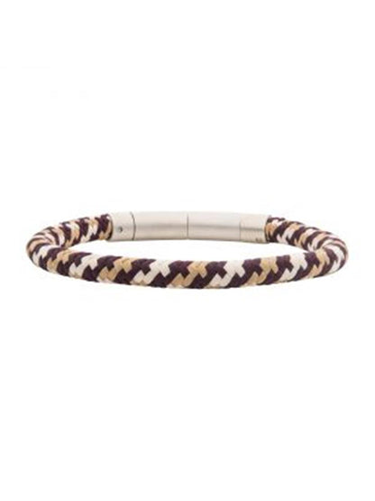 Introducing the INOX 6mm Nylon Cord Bracelet, featuring interwoven strands of brown, beige, and dark brown. This 8.5-8” bracelet is finished with a simple brushed tubular press clasp in stainless steel.