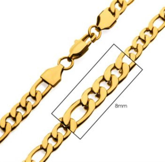 Close-up image of the 8mm 18K Gold Plated Figaro Chain, highlighting its interlocking links with a rectangular outline emphasizing one of the 8mm links. The clasp is also visible at one end. The entire 24-inch length is displayed on a white background, showcasing the elegant design of the INOX Figaro Chain Necklace.