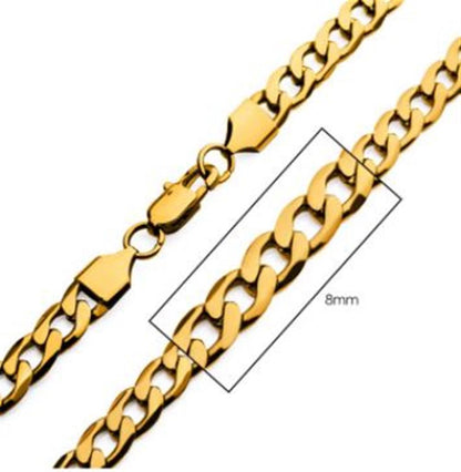 A close-up image of the INOX 8mm 18K Gold Plated Bevel Curb Chain, showcasing the interlocking oval links and a clasp. A section of the chain is highlighted with a box to emphasize its 8mm width.