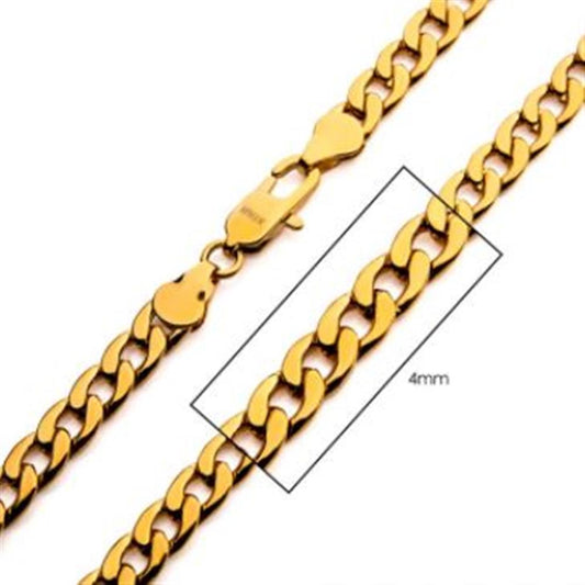 A close-up image of the INOX men's 4mm 18K Gold Plated Classic Curb Chain, featuring interlocking, flat, oval-shaped links and a lobster clasp. A rectangular box highlights part of the chain, indicating a width measurement of 4 millimeters.