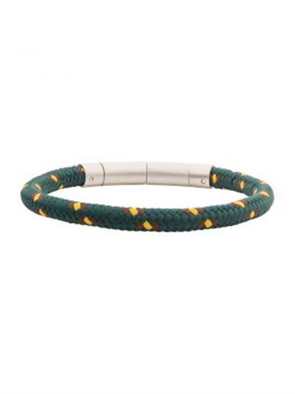 The 6mm Green, Brown, and Yellow Nylon Cord Bracelet by INOX features durable nylon threads in green, yellow, and brown. It has a men's stainless steel clasp that ensures a secure fit. The bracelet's design is simple and sporty with a round shape and measures 8.5-8 inches in length.