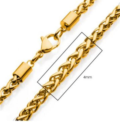 Close-up image of the 4mm 18K gold plated wheat chain necklace with a lobster clasp from INOX. The chain, measuring 20 inches in length, features intricately intertwined links that create a twisted rope-like appearance. The durable stainless steel clasp and connector are prominently showcased.