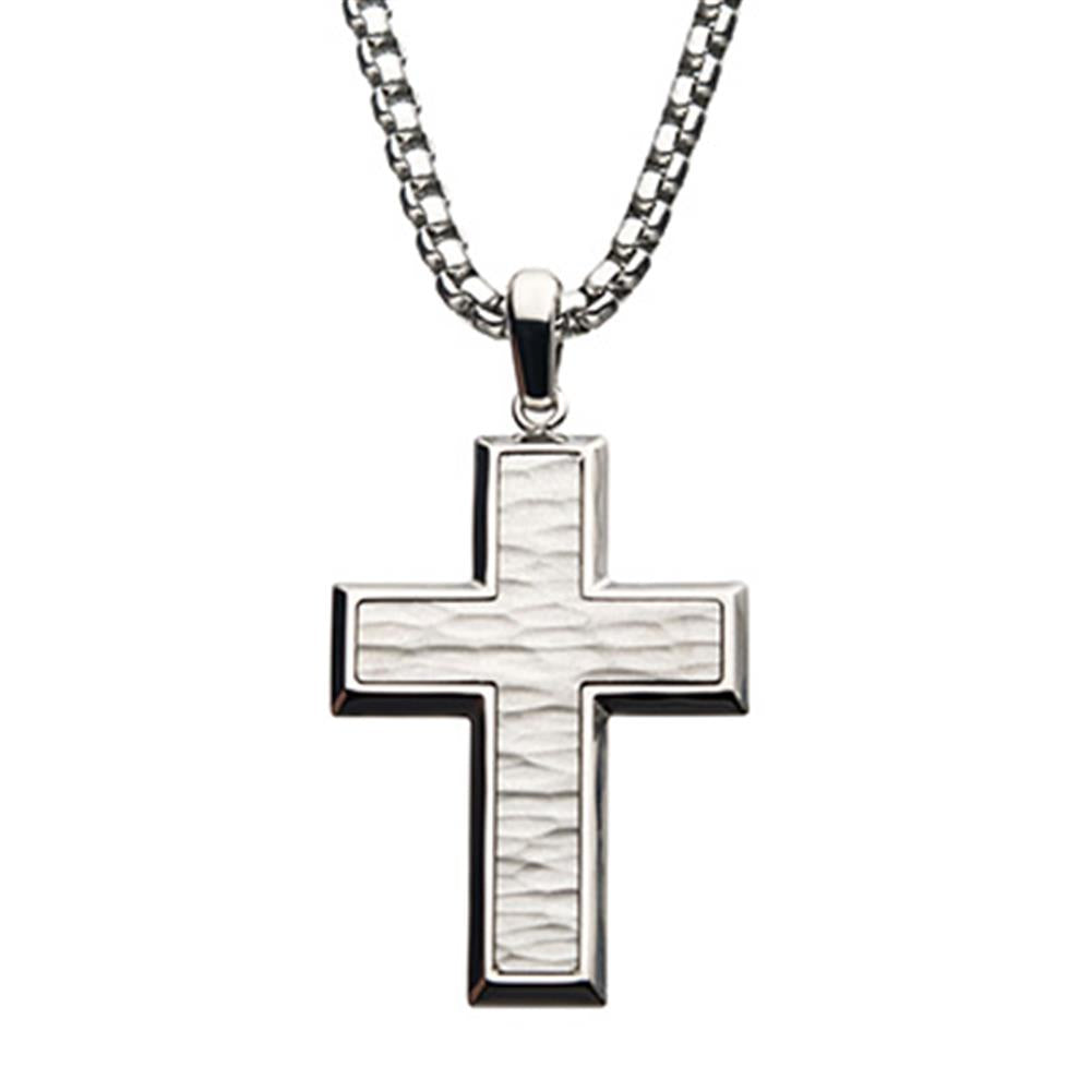 The Men's Matte Stainless Steel Hammered Design Cross Pendant from INOX hangs elegantly from a silver box chain. The cross features a smooth, polished border that beautifully contrasts with its rugged, matte interior. This striking 22" necklace is displayed against a plain white background.