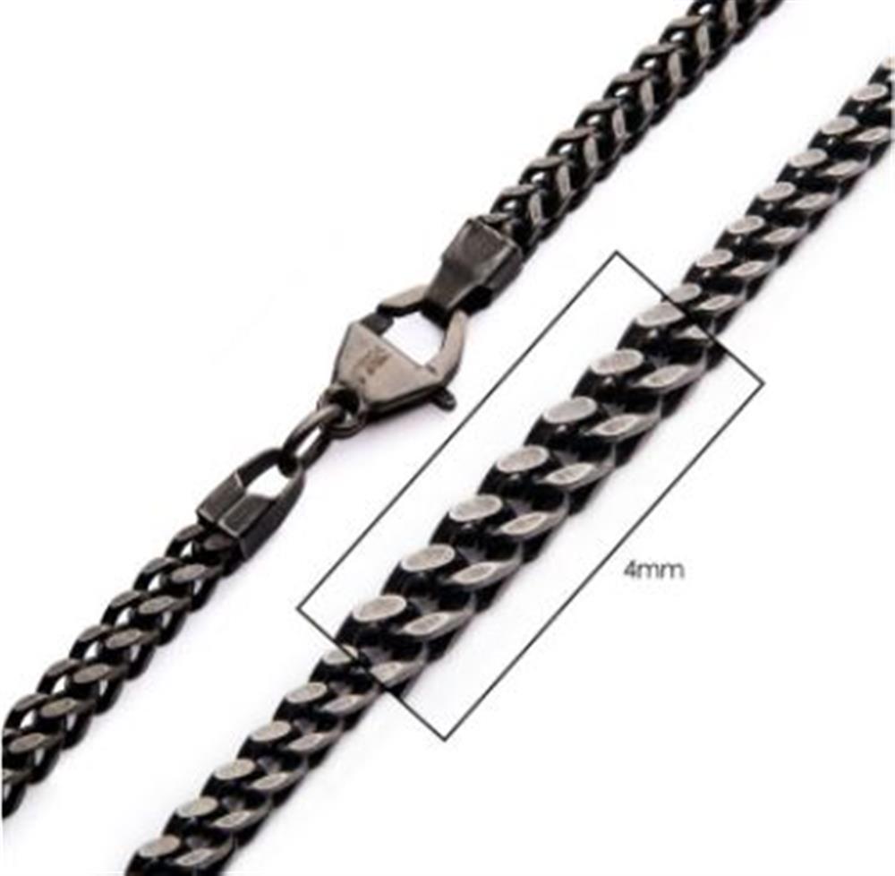 A close-up image of the 4mm Oxidized Steel Franco Chain by INOX, highlighting its interlinked rounded rectangular links and lobster clasp. An overlaid measurement box indicates the chain's width.