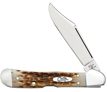 A folding pocket knife with one partially opened blade. The handle, made of Amber Bone, features a textured design and a small oval emblem. Crafted with Tru-Sharp stainless steel and polished to perfection, the Mini CopperLock knife from W.R. Case & Sons Cutlery Co. exudes a sleek appearance.
