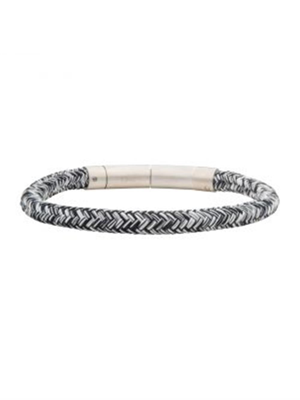 An INOX 6mm Black and White Nylon Cord Bracelet, measuring 8.5-8 inches in length, featuring a braided men's stainless steel design with a silver magnetic clasp, arranged in a circular shape against a plain white background.