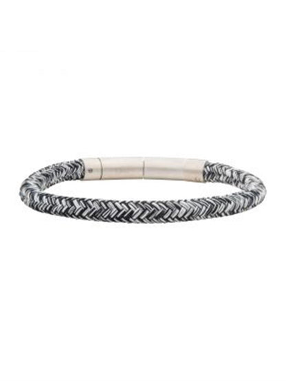 An INOX 6mm Black and White Nylon Cord Bracelet, measuring 8.5-8 inches in length, featuring a braided men's stainless steel design with a silver magnetic clasp, arranged in a circular shape against a plain white background.