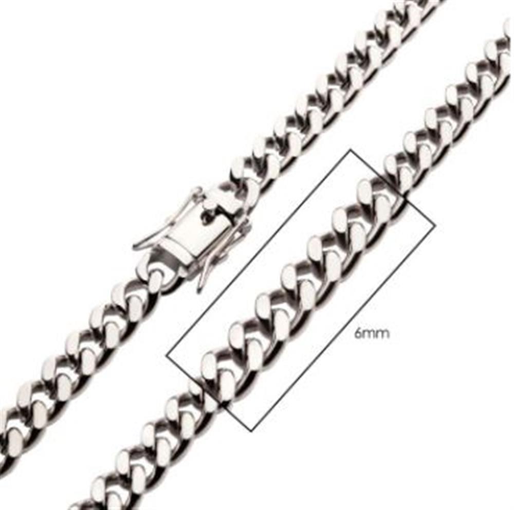 A close-up image shows the 6mm Steel Miami Cuban Chain by INOX, showcasing the intricate clasp detail as it lies on a white background. A rectangular measurement annotation highlights the precision-crafted 6mm Cuban chain links, designed for both durability and style.