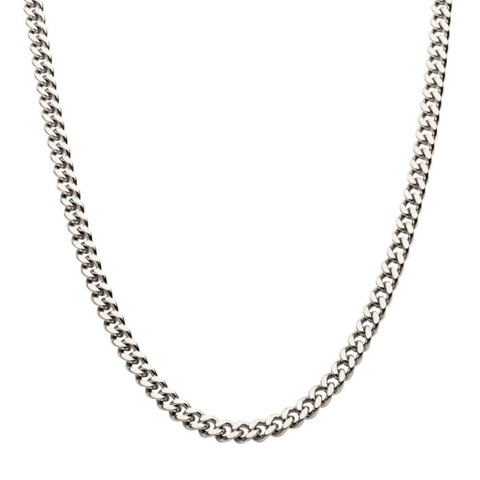 A silver men's stainless steel 6mm Miami Cuban chain from INOX lies on a plain white background. The polished, interlocking links form a continuous loop, displaying a sleek and simple yet elegant appearance. This 20-inch necklace embodies timeless style for any occasion.