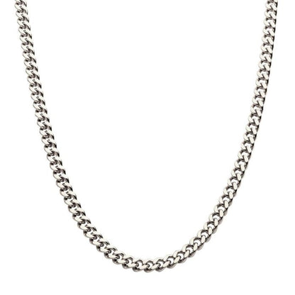 A close-up image of the INOX 6mm Steel Miami Cuban Chain, displayed against a plain white background. The 24-inch Men's Stainless Steel Necklace is evenly spaced, showcasing its intricate pattern and smooth finish.