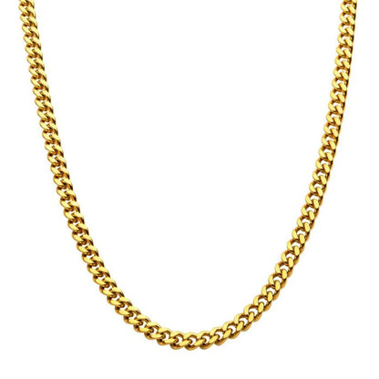 The INOX 6mm 18K Gold Plated Miami Cuban Chain, measuring 20 inches, features a classic interlocking link design set against a white background. Made from durable stainless steel and elegantly gold plated for an added touch of luxury, this chain boasts a polished and shiny finish that creates a lustrous appearance.