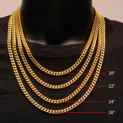 A black bust showcasing five INOX 6mm 18K Gold Plated Miami Cuban chains for men, ranging in lengths of 20 inches, 22 inches, 24 inches, 26 inches, and 28 inches. Each chain descends from shortest to longest and features a durable stainless steel construction with a thick twisted rope design.