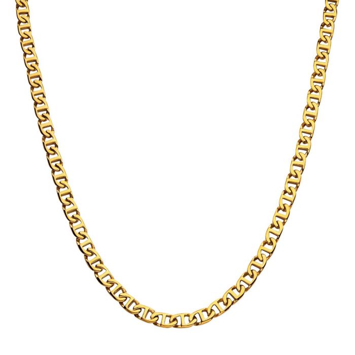 A close-up image of the 8mm 18K Gold Plated Mariner Link Chain by INOX, measuring 24 inches. The necklace showcases interlocking links in a consistent pattern and boasts a shiny, polished finish. The chain is arranged in a semi-circular layout against a plain white background.