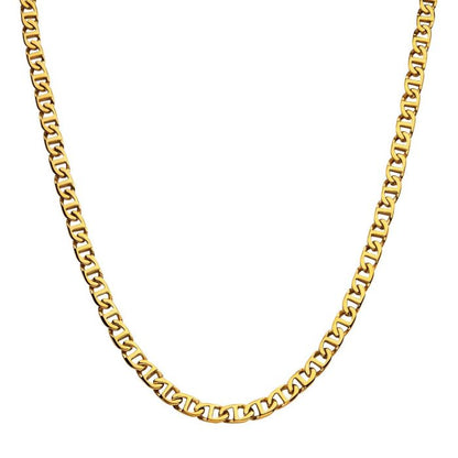 A close-up image of the 8mm 18K Gold Plated Mariner Link Chain by INOX, measuring 24 inches. The necklace showcases interlocking links in a consistent pattern and boasts a shiny, polished finish. The chain is arranged in a semi-circular layout against a plain white background.