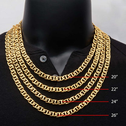 Displayed is a black mannequin sporting four INOX 18K gold-plated mariner link chain necklaces of varying lengths: 20", 22", 24", and 26". Each necklace, made of stainless steel, is elegantly showcased against a black buttoned shirt.