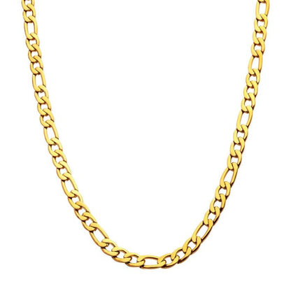 An 18K gold plated necklace from INOX, known as the 6mm Classic Curb Chain, measures 22 inches and features a series of medium-sized, oval-shaped links. Its smoothly interlinked design offers a balanced and elegant look against a plain white background.