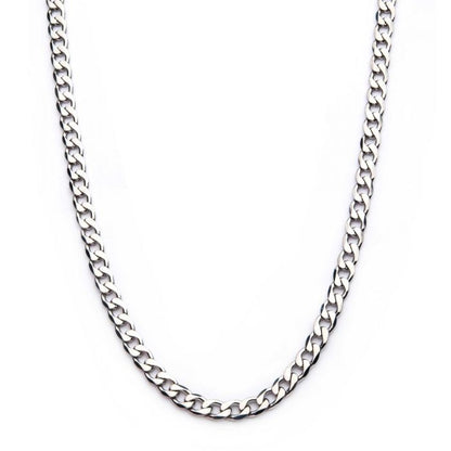 A close-up image of the 8mm Steel Bevel Curb Chain by INOX, designed for men with a simple yet elegant bevel curb chain design, displayed against a plain white background. The stainless steel chain is arranged in a gentle U-shape, highlighting its smooth, polished surface and intricate interlocking links. This 20-inch necklace captures the refined craftsmanship of the INOX brand.