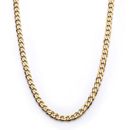 The INOX 8mm 18K Gold Plated Bevel Curb Chain is centered against a white background. This accessory, featuring interlocking flat, twisted links, has a sleek and polished appearance that exudes elegance and sophistication.