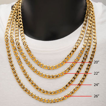 Close-up of a person wearing five 8mm INOX 18K Gold Plated Bevel Curb Chain necklaces of varying lengths on a white shirt. The chains are labeled from top to bottom as 20", 22", 24", and 26", indicating their lengths. Each thick, twisted chain showcases elegant craftsmanship and impressive width.