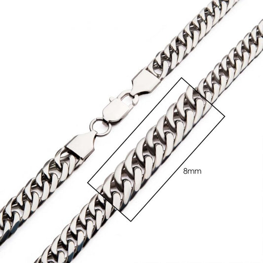 Close-up of the 8mm Steel Dome Curb Chain by INOX, showcasing its intricate interlocking pattern and robust clasp system. The stainless steel necklace, with an 8mm width and a length of 22 inches, highlights the detailed links and clasp of the curb chain.